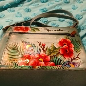 Anushka Peacock and Flowers Hand Painted Crossbody Bag Organizer Purse